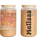 Custom Name Retro Treat People With Kindness 16 oz Frosted Glass Cup for Iced Coffee, Iced Tea, Boba Cold Drinks With Lid And Straw, Personalized Gifts