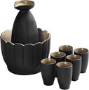 Sake Set 9 Piece Japanese Sake Set Black Glaze Wine Glasses Set with Warmer Pot and Candle Stove for Warm/Cold Sake Service