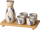Ceramic Sake Set 5pcs Japanese Traditional Sake Set with 1 Sake Pot 4 Sake Cups Japanese Saki Cup Tokkuri Bottle Ochoko Carafe Soju Home Decoration Gift with Serving Bamboo Tray Dandelion