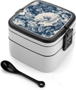 Bento Box Adult Lunch Box with Compartments Blue Floral Print Portable Lunchbox Large Size Bento Lunch Containers Double Layered Lunch Box for Work Picnic Travel