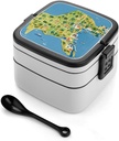 Greece Map Bento Box Double Layer Lunch Box for Adults with Spoon And Handle Stackable Lunchbox Leakproof Lunch Container for Work Picnic Travel