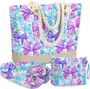 BELLOWDEER Beach Bags for Women, Beach Towel, Wet Bag Cosmetic Bag, Pool Waterproof Shoulder Tote Bags, Pocket Zipper Summer Travel Essentials, Gifts for Women Birthday - Purple Bow （3-Piece Set）