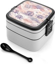 Adult Double-Layer Bento Box Elephant Pattern Portable Lunch Box with Spoon And Invisible Handle Leakproof Microwave-Safe Food Container for Work Travel Camping