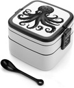 Bento Lunch Box for Women Lunch Containers for Adults Classic Black Octopus Double Layered Lunchbox Large Capacity Bento Box with Cutlery for Work Picnic Camping Travel