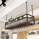 Hanging Wine Rack | Wrought Iron Floating Rack | Retro Country Style | Kitchen Restaurant Bar Wine Cellar Storage Room Storage Rack | with 2 Lights | Length 60/80/100/120cm