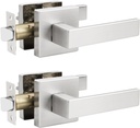 2 Pack Passage Door Lever Without Locking, Reversible No Lock Door Handle for Right/Left Handed Door, Satin Nickel Square Lever Set for Interior/Exterior Use