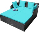 Salches, Outdoor Rattan Daybed, Patio Loveseat Sofa Set w/Comfortable Cushions, Extra Pillows & Metal Foot, Sunbed Wicker Furniture for Yard/Poolside/Living Room/Garden/Porch, Turquoise
