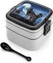 Stackable Double-Layer Bento Box Wolfs Adults Lunchbox With Spoon Cute Japanese Bento Box Dishwasher Safe for Work Travel Dining Outc