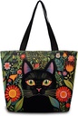 Mexican Folk Art Tote Bag Reusable Grocery Bags Cute Aesthetic Shopping Shoulder Handbag with Interior Zipper Pocket Lightweight & Washable Stylish Black Cat Present for Women