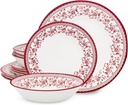 TUDOR Royal Collection 12-Piece Round Porcelain Dinnerware Set, Service for 4 with Dinner Plates, Bowls, and Salad Plates, Aster Pink Red Floral Design, High Gloss Finish, Durable & Premium Quality