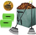 2 PC Adjustable Rake for Leaves, 25+11 Tines Metal Leaf Rake Heavy Duty, Garden Rakes, Yard Rakes Set with 39 Gallon Leaf Bag, Leaf Grabbers, Gloves for Lawn Care, Gardening Cleanup, Outdoor Camping
