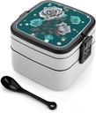 Teal Grey Rose Bento Box Double Layer Lunch Box for Adults with Spoon And Handle Stackable Lunchbox Leakproof Lunch Container for Work Picnic Travel