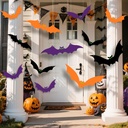 12 PCS Hanging Bats Halloween Decoration Outdoor,Large Colored Scary Flying Plastic Bats Halloween Decor for Outside Tree, Porch, Yard, Lawn [Orange,Purple,Black]