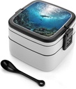 Animals The Ocean Bento Box Adult Lunch Box All-in-One Lunch Containers with Removable Compartments Double Layer Bento Lunch Box with Spoon And Handle Stackable Lunchbox