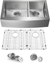 KIBI 36 Inch Double Bowl Farmhouse Kitchen Workstation Sink | Durable Stainless Steel Apron Front Sink with 10" Deep Bowls, Bottom Grid, Strainer, and 3.5" Drain Opening (K1-DF36)