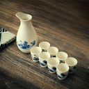 9-Piece Hand-Painted Ceramic Sake Set, Japanese Style, Ink Wind Design with Black Tray