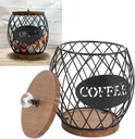 Coffee Pod Holder with Lid, Large Capacity Wire K C up Storage with Wooden Base, Coffee Storage Basket for Kitchen Countertop, Cafe Bar Organizer (Black)