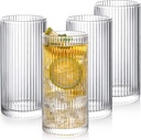 Drinking Glasses with Origami Style Set of 4 Glass Cups, 12 oz Ribbed Glassware, Highball Glass Cups, Elegant Art Deco Ripple Vintage Glassware, Juice Glasses, Ideal for Cocktail, Beer