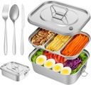 304 Stainless Steel Bento Box 3-Compartment Tray Lunch Box and Food Containers Leakproof 1800ml Metal Bento Containers with Airtight Valve Handle Including Fork Knife Chopsticks for Travel Work Picnic