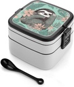 Stackable Double-Layer Bento Box Animal Sloth Mint Green Adults Lunchbox With Spoon Cute Japanese Bento Box Dishwasher Safe for Work Travel Dining Outc