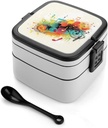 Abstract Music Themed Bento Box Double-Layer Bento Lunch Container with Spoon And Invisible Handle Adult Leak-Proof Lunchbox for Dining Out Work Picnics Travel