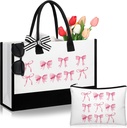 Paterr Bow Tote Bag 2 Pcs Coquette Tote Bag Bow Makeup Pouch Set for Wedding Pink Coquette Preppy Canvas Pouch Reusable Grocery Shopping Container for Party Favor Bridal Engagement Party Supplies