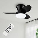26 Inch Small Ceiling Fan with Light - Flush Mount Ceiling Fan with Lights and Remote, Low Profile Ceiling Fans with 6 Wind Speeds, 3 Reversible Blades, Black Ceiling Fans for Bedroom