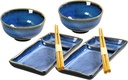 Ceramic Japanese Sushi Plates and Bowls Set for 2 | Includes 7 Inch Rectangle Sushi Serving Dish, 10 Oz Soup, Rice, Side Dishes Bowl and Chopsticks(Reactive Blue)