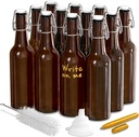 Nevlers 16 Oz Flip Top Beer Bottles for Home Brewing 12 Pack | Swing Top Glass Bottles 16oz / 473mL | Amber Glass Bottle with Stopper Set Includes Cleaning Brush, Folding Funnel, & Gold Marker