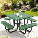 Thermoplastic Coated Metal Picnic Table Set with Umbrella Hole, Commercial Steel Heavy Duty Camping Table, Dining Furniture for Garden Backyard (Green, 46IN Square Table-Bulit 4 Benches)