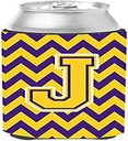 Caroline's Treasures CJ1041-JCC Letter J Chevron Purple and Gold Can or Bottle Hugger Cooler Washable Drink Sleeve Collapsible Beverage Insulated Holder, Can Hugger, Multicolor