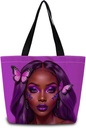 African American Tote Bag Reusable Grocery Bags Aesthetic Shopping Shoulder Handbag with Interior Zipper Pocket Stylish Chic Purple Butterfly Present for Women