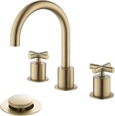 2 Cross-Handle Gold Bathroom Sink Faucets with Waste Drain for 3 Hole 4-16 inch Deck Sink, Solid Brass Brushed Gold