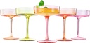 Khen Pastels Colored Vintage Art Deco Coupe Glasses - Martini, Cocktail & Champagne Ribbed Glasses 7oz | Set of 5 | Bright Pastel Crystal Glassware, Goblet Cocktails, Stemmed Ripple Glassware Gifts