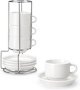 MALACASA 8 OZ Porcelain Espresso Cups with Saucers and Metal Stand Set of 4, Stackable Cappuccino Cups, White Expresso Shots Cup Set for Coffee Drinks, Latte, Tea