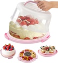 10" Round Cake Carrier Stand with Lid and Handle,Portable Two Sided Cake Holder Serves as 5 Section Fruit Tray,Cupcake Containers for 11 Cupcakes (Pink)