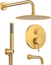 10 Inch Round Shower Faucet Set with Tub Spout, High Pressure Rainfall Shower Head and Handheld Sprayer Combo, Brushed Gold