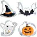 4PCS Large Halloween Cookie Cutters, Stainless Steel Metal Molds Pumpkin, Bat, Ghost, Wich's Hat Cookie Cutters with Decorating Instructions