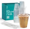 GUSTO [12 oz - 100 Sets Clear Plastic Cups with Lids and Straws – Disposable Iced Coffee Cups for Cold Drinks, Smoothies, Boba, and To-Go Beverages – Sturdy, Easy-to-Separate