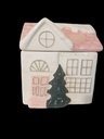 Ceramic Christmas Tree Cookie Candy Jar with Lid - White Pink and Green 6 inches High by 5 Wide