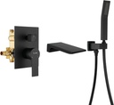 SHAMANDA Waterfall Wall Mounted Bathtub Faucet with Hand Shower, Bathroom Single Handle Tub Faucet Modern Brass Tub Shower Faucet Set(Including Rough-In Valve Body and Trim), Matte Black, L901-7