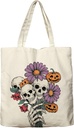 Dlzdn Halloween Skull Tote Bag Aesthetic Funny Skeleton Pumpkin Reusable Shopping Grocery Bag Beach Bag Holiday Gifts for Teacher Women