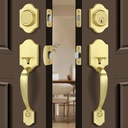 Double Front Door Handleset with Deadbolt – Brushed Gold Classic Entry Handle Set with Dummy, Reversible Lever, Zinc Alloy, Exterior Lock Set，Satin Brass