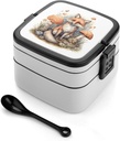 All-in-One Bento Box Stackable Leak-Proof Lunch Box With Carry Handle 2 Layer Portable Meal Prep Container Fox in Mushroom Grove Lunchbox with Utensils for Dining Out Work, Black