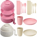 Microwave Ramen Cooker Set Microwavable Wheat Straw Dinnerware Sets with 33oz Ramen Bowl, Plates, Cups and Cutlery Box, Dishwasher Safe Camping College Dorm (Beige, Pink,12 Pcs)