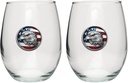 Heritage Pewter Eagle Head with Flag Stemless Glass Goblets – Set of 2 | 15 OZ Goblet Wine Glasses | Expertly Crafted Pewter Glass