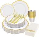 175 Plastic Dinnerware Set,Gold Disposable Dinnerware Set for 25 Guests Include 50 Plastic Plates,25 Silverware Set,25 Cups and 25 Napkins for Christmas,Party,Wedding
