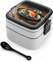 Sushi Dill Pickles Bento Box with Spoon, 2-layer Stackable Lunch Box Leak Proof with Invisible Handle, Insulated Food Storage for Office, Picnic & Travel