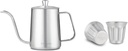 Easyworkz Gage Gooseneck Pour Over Coffee Kettle 20 oz, Silver, Bundled with Easyworkz Stainless Steel Double-Wall Espresso Cups 5 oz Set of 2, Vertical Stripe Design, Brushed Silver