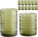 Vintage Glassware Drinking Glasses Set of 12,Green 12oz & 15oz Hobnail Glass Cups,Embossed Water Tumbler,for Beer,Cocktail,Whiskey,Juice and Various Mixed Drinks- 1 Cleaning Brush
